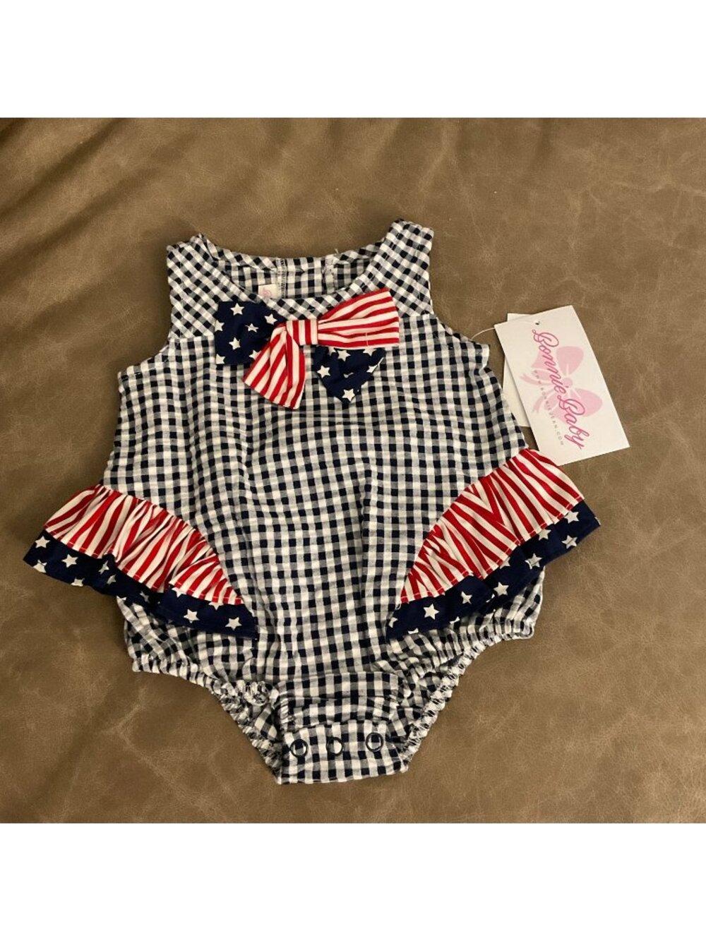 Bonnie Jean Baby Americana Stars Stripes Check Romper 3-6 Mo NWT